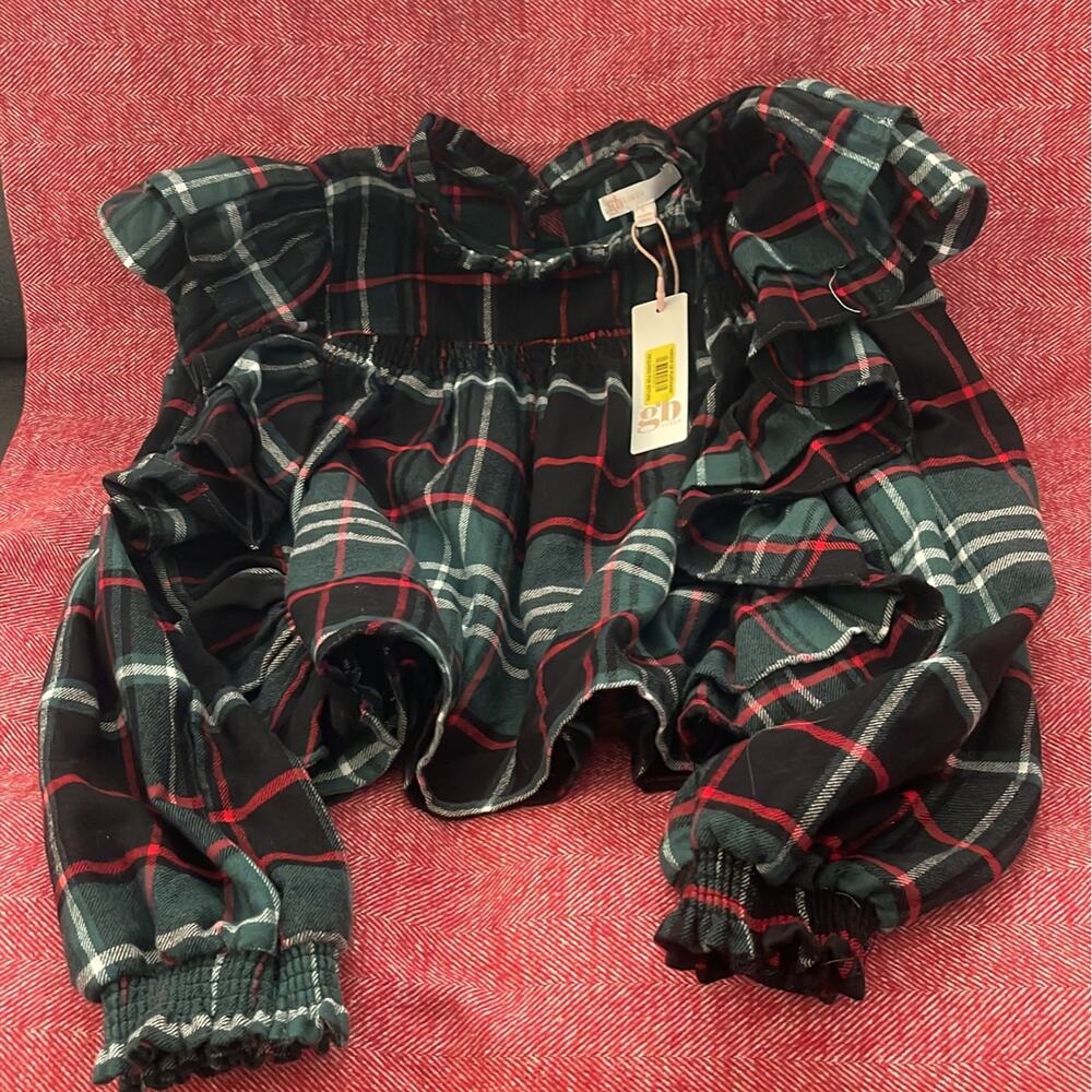 Gb Girls Large Long Sleeve Woven Plaid Mock Neck Ruffle Top